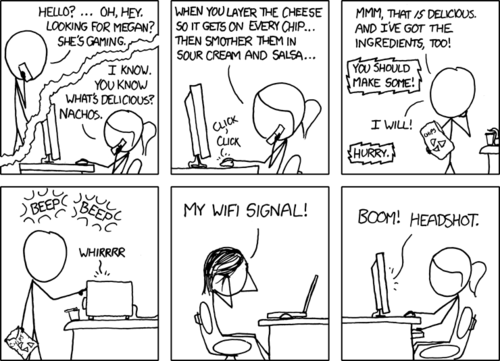 The blonde girl calls megan’s boyfriend and convinces him to make some delicious nachos. However, he doesn’t know that the blonde girl’s real motive was to kill megan’s wifi signal with the microwave he uses because they were playing a first person shooter video game against each other over the internet, and the blonde girl wanted to kill her.