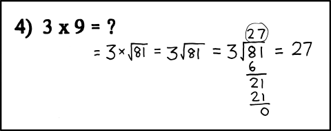 Here&#8217;s one for the mathematics geeks.
The Author is making a visual pun on the similarity between the square root operator and the division operator. If you follow from left to right you will see the &#8220;three times the square root of 81&#8221; turn into &#8220;81 divided by three&#8221; when he drops the multiplication operator. In this particular example, the two numbers multiplied is the same as dividing the second number squared by the first number. This is not always the case.