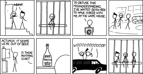 This strip is based on the &#8220;beer summit&#8221; in which President Obama chose to have a beer with Henry Louis Gates Jr. and the police officer who arrested him so they could work out their racially charged differences. It starts out with Mr. Gates being arrested and placed in a jail cell. Mr. Obama then announces his intention to work things out with the men over beer. This is all based on real events.
However, in the strip, there is no beer available to drink at the White House, and they instead drink tequila because it was the only alcoholic beverage in the cupboard. The tequila causes all three men to behave erratically and get arrested, ending with all of them in jail. It is implied that while it is possible to drink beer responsibly, tequila will cause even the President of the United States to become so intoxicated he&#8217;ll be thrown in jail.
The target audience will relate to this strip because they&#8217;ve presumably gotten wasted on tequila on many occasions.