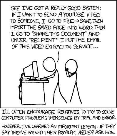 A man details his functional workflow to extract an embedded video from a web page. The Author, his head clutched in his hands and writhing in something akin to an allergic reaction, relates an internal monologue about not wanting to know how anyone less technically literate thinks. To people like the Author, the Method is at least as important as the Results. 

This demonstrates an axiom of nerd culture, &#8220;Why aren&#8217;t you as smart as I am?&#8221; Many hackers invest countless hours of their lives learning a huge volume of detail about specifics of today&#8217;s technology, but then because of their profound insecurities dismiss this effort entirely. This effect is akin in many ways to Impostor Syndrome, but usually rooted in the need for positive parental or peer attention. But, nerd dominance tells these individuals that anyone with fewer facts memorized is beneath them. These conflicting social cues lead the nerd to a kind of pauper&#8217;s arrogance: &#8220;I may be scum, but this person is even worse than scum!&#8221;