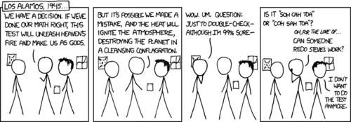 For those of you who are unaware of the Los Alamos National Laboratory (possibly due to a lack of feigned-interest in the sciences), it is a very large, multidisciplinary technology and science research center in New Mexico.
The Author is telling a joke about a man who works in Los Alamos and is also not very good at science. The man is making grandiose, possibly devastating plans when it is revealed that he does not have knowledge of the most basic trigonometry (a mnemonic for remembering the properties of a triangle).  
In humor, this device is called &#8220;absurdism&#8221; and can sometimes make people laugh. 