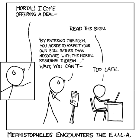 Satan enters hoping to tempt an unsuspecting person with a faustian bargain, only to find that he himself has forfeited his own soul with the real-life equivalent of a click through software EULA.