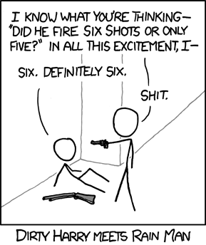 The first line is from the famous 1971 film Dirty Harry. It directly precedes the even more famous line, &#8220;&#8221;Do I feel lucky? Well, do ya, punk?&#8221; In that particular scene, Clint Eastwood&#8217;s character Harry Callahan has his gun on a bank robber and intimidates him by making him wonder if he has any bullets left. The robber doesn&#8217;t know the answer to this question, although to be safe he assumes (incorrectly) there is still one round of ammunition left.
However, in this strip, the Author has devised a comedic mash-up wherein the bank robber is replaced by Raymond Babbitt, an autistic savant with near perfect memory from the film Rainman.
You see, the joke here is that &#8220;Rainman&#8221; wouldn&#8217;t have any problem remembering the number of bullets fired because he has an excellent memory.