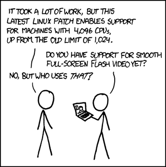 This strip pokes fun at stereotypical Linux users for having a different set of computing priorities than most people. In this case, the Linux user places the ability of his computer to have many more central processing units than necessary over being able to watch funny videos on YouTube, which is something &#8220;normal&#8221; people would want. It is implied that Linux users are abnormal. Many readers of this strip are presumably Linux users and will find this humorous because they themselves would consider themselves more advanced than &#8220;normal&#8221; people when it comes to computing.