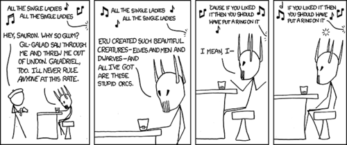 In this installment of the popular web comic, the Author returns to the traditional format by including something that is easily recognizable as a joke.  As is standard practice, we are treated to a combination of a geek culture character (Sauron, of Lord of the Rings), in a humorously improbable real-life situation (lamenting his lot in life while drinking in a bar), and a pop-culture reference (the song &#8220;All the Single Ladies&#8221; by Beyonce Knowles).
Having enumerated the advantages enjoyed by humans (attractive), elves (attractive), and dwarves (attractive when you are drunk), and expressing his dissatisfaction at being stuck with orcs (hideous), Sauron is struck with the solution to his dilemma when Ms. Knowles reaches the chorus of her hit song: he will &#8216;put a ring on it&#8217;.  The juxtaposition of the song&#8217;s intended meaning of an engagement ring with the intended meaning for Sauron of rings of power to subjugate the races of Middle Earth delivers our well-earned punchline.
Thus, the Author humorously reveals the image he holds of himself as a lonely, mask wearing embodiment of evil plotting the enslavement of the beautiful creatures of the world who he views as his betters: humans, elves, and dwarves in Lord of the Rings - women in reality.