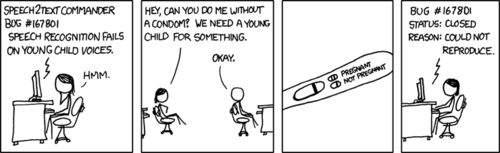 Background: &#8220;Can Not Reproduce&#8221;, &#8220;Could Not Reproduce&#8221;, or &#8220;Closed, Not Reproducible&#8221; are commonly status codes in bug-tracking systems used to mark a case where the engineer was unable to recreate the environment or situation where the bug occurred.
In this strip the female, in need of a small child to test on, decides to have unprotected sex with her male coworker. But as it turns out she does not become pregnant and is therefore unable to &#8220;reproduce&#8221;, both in the human sexual sense and in the technical bug-tracking sense.
This strip employs a homographic pun.