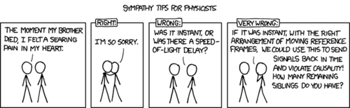 It can be assumed that the Author, while watching a television show by himself, heard the line &#8220;the moment my brother died, I felt a searing pain in my heart&#8221; and immediately sprung from his bean bag chair to write down the line and a single word: &#8220;PHYSICS!&#8221; That word was then underlined and circled, thus beginning the creation of another scientific-concept-transposed-into-real-life cartoon.
In the cartoon we see a man describing the grief he felt during his brother&#8217;s death to a second man. The second man, a physicist, is then shown giving three possible verbal responses that serves as examples for right, wrong and very wrong answers.
The first response is a simple condolence that one would expect for the given situation. The hilarity begins in the second response, in which the physicist takes the word &#8220;moment&#8221; into the context of his profession, specifically within the topic of causality (cause and effect). He asks if the pain felt (effect) truly happened in the same moment as the brother&#8217;s death (cause), or if there was a delay from the speed of light - the maximum speed at which information can travel according to physics.
The third and most ludicrous response from the physicist has him imagining an experiment involving the killing of the first man&#8217;s other siblings in order order to use the instantaneous cause and effect to violate the rules of causality and send signals back in time.
There you have it readers, the Author has managed to turn a man&#8217;s death into a homographic pun involving physics and time travel.