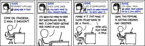 This comic strip references one of the newer features on Facebook.com, which offers that you &#8220;reconnect&#8221; with your friends on the site in a variety of ways. This feature has garnered heavy criticism from users who feel that a website need not instruct them on the details of their social or love lives.
The Author, seen here as a male sitting in front of a computer, is presented with a series of increasingly specific Facebook reconnect messages. These messages first urge him to reconnect with a female named Susie. From there they become more graphic, explaining in detail why he should sleep with her and even going so far as to suggest that Facebook.com watch the fornication via webcam.
The important part part of this comic is the Author&#8217;s conflicted responses to the website&#8217;s suggestions. While he desires to have sex on this particular female, he worries to great lengths about hurting her frail emotions. This conflict between natural urges and emotional sensitivity is indicative of the self-inflicted emasculation found in many male geeks. The cause for this emasculation is a natural reaction to the combination of a strong desire for sexual activity and a lack of confidence, forcing the male to cater to the emotional needs of the female in order to touch her naked body.