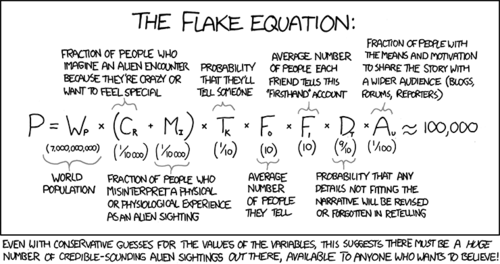 Today&#8217;s comic revolves around a fictitious and humorous equation, &#8220;The Flake Equation.&#8221; The name is, of course, a pun on the famous Drake Equation - an equation created by Frank Drake in the early &#8217;60s that attempts to produce the number of extraterrestrial civilizations in the Milky Way with which contact may be possible.
While the real equation contains a mixture of hypothesized numbers and probabilities about the science of our galaxy, the Author&#8217;s comical version uses seemingly arbitrary numbers and probabilities about the people who claim to have seen an alien. 
The joke here is that the if Drake Equation attempts to find how many alien civilizations we may actually contact, why not just use the &#8220;Flake&#8221; equation to find the number of humans who may at some point claim to have made such contact? (since it&#8217;s the same thing)