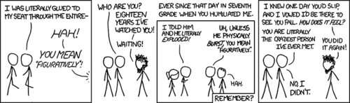 The Author has created another hypothetical situation in an attempt to derive humor from an impractical situation based off of a cliché. In this case, the cliché is the common misuse of the word &#8220;literally,&#8221; and the impractical situation is a man waiting 18 years to retaliate against being embarrassed over this cliché.
Other things you may be able to derive humor from in this strip:

The crazy man&#8217;s hair and beard are very long and unruly.
In the last panel, the crazy man believes that the non-crazy man has once again misused the term &#8220;literally.&#8221; But, as it turns out, he actually meant that the crazy man was the craziest person he had met.
The whole situation is pretty &#8220;wacky.&#8221;
