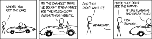 This strip is a commentary on the commonly-seen flashing ads on websites declaring that the viewer has won something extremely valuable (in this case a convertible sports car) and all that is required to claim the prize is to click the ad. Since most people browsing the internet have become increasingly jaded toward the deceptive tactics of internet advertisers, they usually ignore these ads outright, assuming it is a scam and that they&#8217;ll be taken to a site they have no interest in without ever receiving the promised prize.
The twist in this strip is that in this case the website actually was planning to reward a visitor with a car, but since it wasn&#8217;t claimed by the visitor the company&#8217;s CEO kept it for himself. The CEO is honestly puzzled as to why someone wouldn&#8217;t claim the prize, suggesting he is obviously oblivious to the fact that their ad resembled a common scam. (Or was he?)
This strip employs the common pattern of making the reader think everything is normal until the final frame where the punch line is subtly delivered (&#8220;It was flashing and everything!&#8221;). There are also hints of parallels between this situation and &#8220;the boy who cried wolf&#8221; wherein a certain action has proven to be deceptive on so many occasions that when it is actually legitimate no one will believe it.