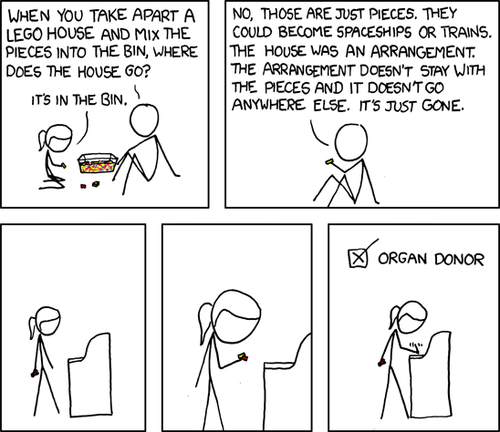 The adult asks the child a loaded question about her toys. She responds, as any child would, with a simple answer. The adult then corrects the child and proceeds to wax philosophical about how her toys, and thusly the other objects in our lives, are ultimately just the sum of their parts. He then adds that these parts can be reused upon the disassembling of the object.
The last three panels show the child, presumably at the DMV, looking at her toys and deciding to opt in to the organ donor program. This is humorous because the adult&#8217;s lecture has led her to think of her organs as Lego bricks - to be disassembled and reused upon her untimely death.