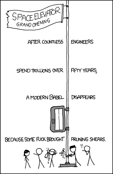 A space elevator is a conceptual structure that could carry things from Earth into space on a fixed track or cable. It has been proposed as a much cheaper method of traveling to and from the Moon.
In this comic, we see a hypothetical grand opening for a space elevator that utilizes tether propulsion, a system involving a very long, strong cable to propel a space craft rather than a rocket engine.
The joke here is that at a traditional “grand opening” a ribbon of some sort is cut to symbolize the opening, except in this case someone has cut the elevator’s tether rather than a ribbon. This would completely destroy the elevator, thus invalidating the grand opening.
The curse-word “fuck” is also used in the punch-line to add some more humor.