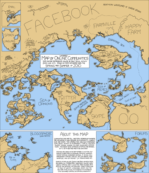 An updated version of the Map of Online Communities - a visualization of the size and relationships between various web communities. 
This otherwise useless data is visualized as a map for a good reason. It is meant to convince those that spend a majority of their lives online that the communities they belong to actually matter, like actual geographic locations. It is meant to give meaning to otherwise meaningless lives.